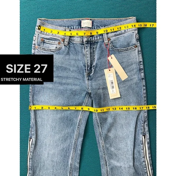 Alice + Olivia Rey Side Zipper Blue Off White Wide Leg Jeans - Picture 9 of 16